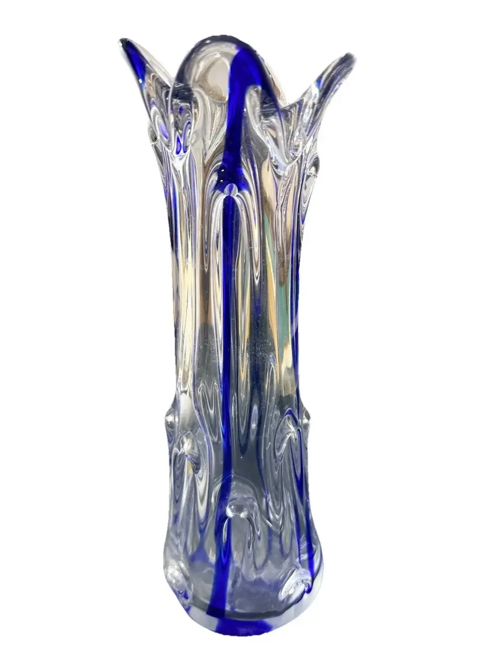 Heavy Art Glass Vase with Cobalt Blue Stripe – 10” Tall
